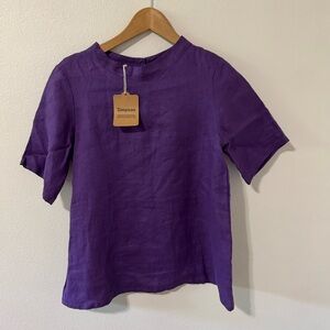 Simpson Handmade Linen Short Sleeve Purple Top Rear Button Lagenlook NWT-XS